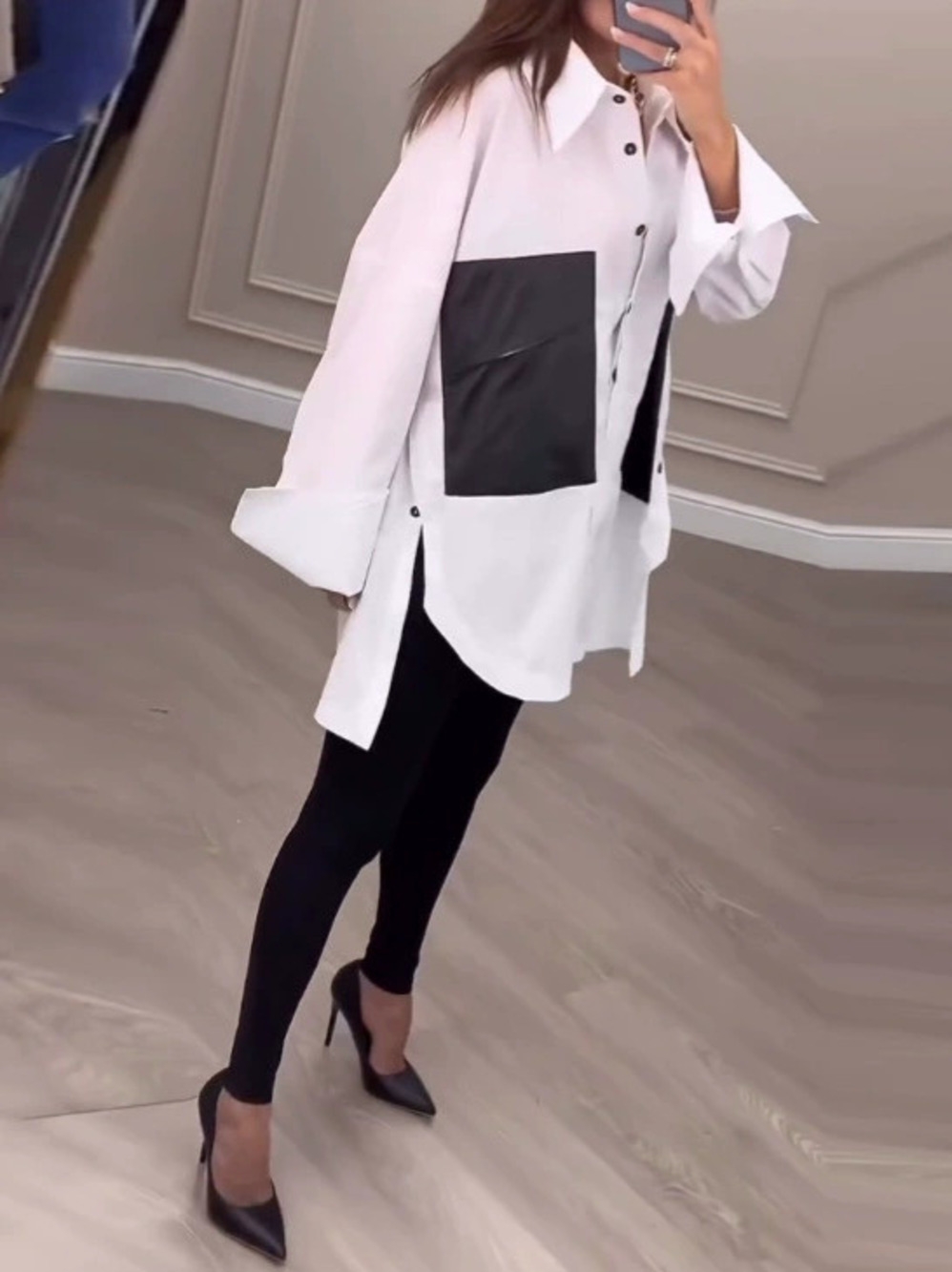 ZARA Fall Loose Fit Colorblock Lapel Button Top